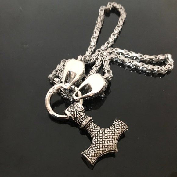 Norse Viking Byzantine Thor's Hammer Wolf Pendant Necklace Silver Heavy Wolves - Picture 5 of 5